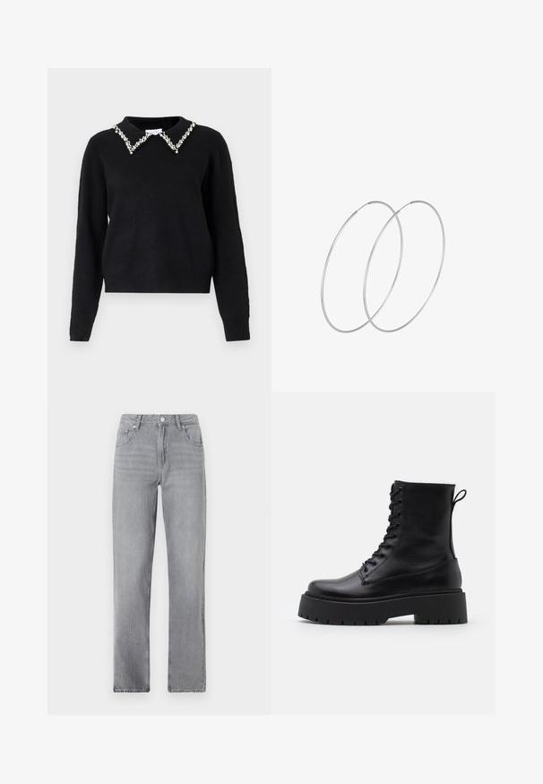 VILA VIPEARL O NECK - Jersey de punto - black; Jeans gris de corte recto con bolsillos frontales, cierre de botón y un corte clásico, exhibidos sobre un fondo blanco liso.; Botas de cuero negras hasta el tobillo con punta redonda, cordones en la parte delantera y una suela de goma gruesa con un dibujo texturizado. Tirador en la parte trasera.; Pendientes de aro plateados con un diseño minimalista. Forma circular, textura suave y perfil delgado. Livianos con un acabado pulido.
