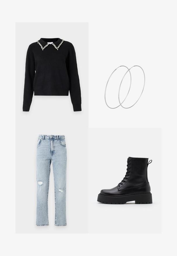 VILA VIPEARL O NECK - Vesta - black; Svijetloplave traperice s opuštenim krojem, koje sadrže dva ispucala koljena, pet džepova i izlizani rub. Zatvaranje na gumb i patentni zatvarač.; Crne kožne gležnjače s okruglim vrhom, vezanjem sprijeda i debelim gumenim potplatom s teksturiranim uzorkom. Tipa: traka za vuču na stražnjoj strani.; Srebrne okrugle naušnice s minimalističkim dizajnom. Kružni oblik, glatka tekstura i tanak profil. Lagane s poliranim završetkom.