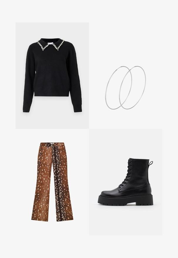 VILA VIPEARL O NECK - Trui - black; Bruine uitlopende broek met een gespikkeld patroon dat lijkt op dierenbont, met lichte en donkere bruine tinten, een gladde textuur en denimstof.; Zwarte leren enkelboots met een ronde neus, vetersluiting aan de voorkant en een dikke rubberen zool met een gestructureerd profiel. Trekbandje aan de achterkant.; Zilveren hoepel oorbellen met een minimalistisch ontwerp. Cirkelvormig, gladde textuur en dun profiel. Lichtgewicht met een gepolijste afwerking.