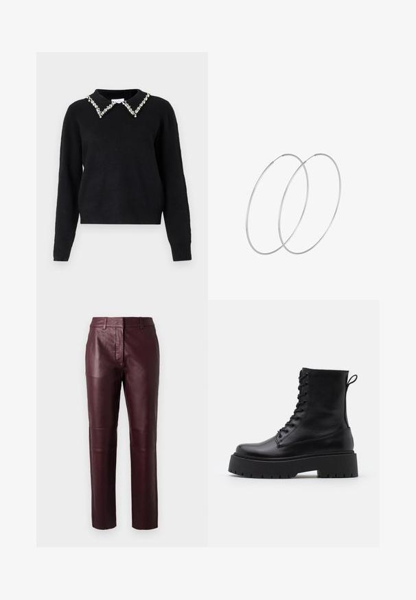 VILA VIPEARL O NECK - Jumper - black; Burgundy leather trousers with a fitted design, subtle sheen, and smooth texture. Features a mid-rise waist and straight cut legs.; Black leather ankle boots with a round toe, lace-up front, and a thick rubber sole featuring a textured tread. Pull tab at the back.; Silver hoop earrings with a minimalist design. Circular shape, smooth texture, and thin profile. Lightweight with a polished finish.