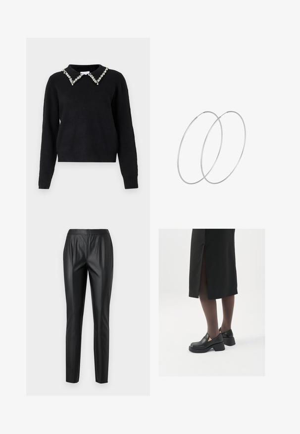 VILA VIPEARL O NECK - Džemper - black; Mustad muude nahkade sarnased püksid, mis on slim-fit lõikega, kõrge vöökoht, esikülje voldid ja sujuv tekstuur. Ilma nähtava riistvara või mustriteta.; Mustad mustad jalatsid ümmarguse varbaga, paksu plokkniidi ja elastsete külgdetailidega, kombineeritud tumedate sukkade ja musta lõhikuga seelikuga.; Hõbedased rõngastikkaehingad minimalistlikus disainis. Ümar kuju, sile tekstuur ja õhuke profiil. Kerged ning poleeritud viimistlusega.