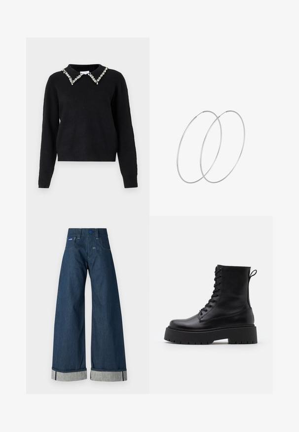 VILA VIPEARL O NECK - Neule - black; Kapeita denim-housut tummansinisinä, joissa on yhtenäinen rakenne, kääntöhelma vaaleansinisen kontrastin kanssa ja etutaskut.; Musta nahkainen nilkkureita, joissa on pyöreä kärki, nauhakiinnitys edessä ja paksu kumipohja, jossa on teksturoitu pinta. Takana vetotappi.; Hopehope hopeilla, joissa on minimalistinen muotoilu. Pyöreä muoto, sileä pinta ja ohut profiili. Kevyet ja kiillotetut.