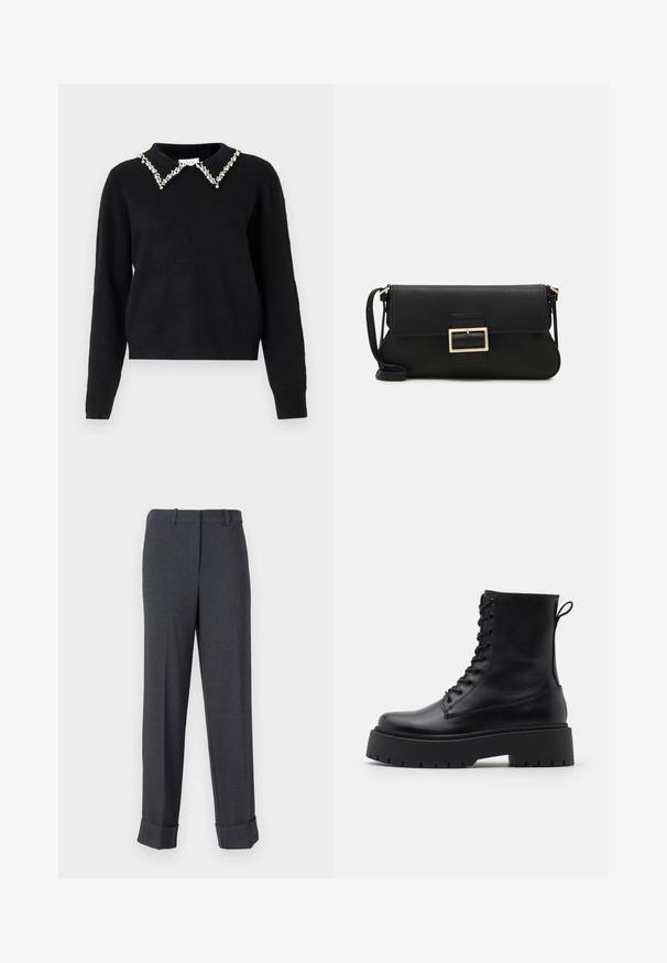 VILA VIPEARL O NECK - Džemperis - black; Pilki pritaikyti kelnes, pagamintos iš tekstūruotos medžiagos, turinčios tiesią kojelę, diržo kilpas ir aptrauktus apačius, suteikiančius struktūruotą išvaizdą.; Juodos odinės aulinukės su apvalia nosimi, raišteliais priekyje ir storesniu guminio pado apačioje su tekstūruotu raštu. Priekyje yra kilputė.; Juodas odinis dėkliukas su atvarteliu ir auksinės metalinės sagties detalėmis. Įeina juodas diržas ir elegantiškas, minimalistinis dizainas.; Sidabrinės pusmėnulio auskarai minimalistiniu dizainu. Apskritimo forma, lygus paviršius ir plonas profilis. Lengvi su poliruotu apdailu.