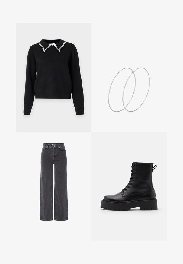 VILA VIPEARL O NECK - Vesta - black; Crne traperice visokog struka s širokim nogavicama, koje imaju kopčanje na gumb, petlje za pojas i suptilno izbjeljivanje tkanine.; Crne kožne gležnjače s okruglim vrhom, vezanjem sprijeda i debelim gumenim potplatom s teksturiranim uzorkom. Tipa: traka za vuču na stražnjoj strani.; Srebrne okrugle naušnice s minimalističkim dizajnom. Kružni oblik, glatka tekstura i tanak profil. Lagane s poliranim završetkom.