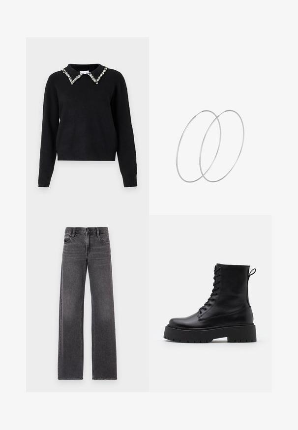 VILA VIPEARL O NECK - Džemperis - black; Tamsiai pilkos plačios džinsinės kelnės, pagamintos iš džinsinio audinio, su priekiniais mygtukais, dviem galinėmis kišenėmis ir kontrastinėmis siūlėmis.; Juodos odinės aulinukės su apvalia nosimi, raišteliais priekyje ir storesniu guminio pado apačioje su tekstūruotu raštu. Priekyje yra kilputė.; Sidabrinės pusmėnulio auskarai minimalistiniu dizainu. Apskritimo forma, lygus paviršius ir plonas profilis. Lengvi su poliruotu apdailu.