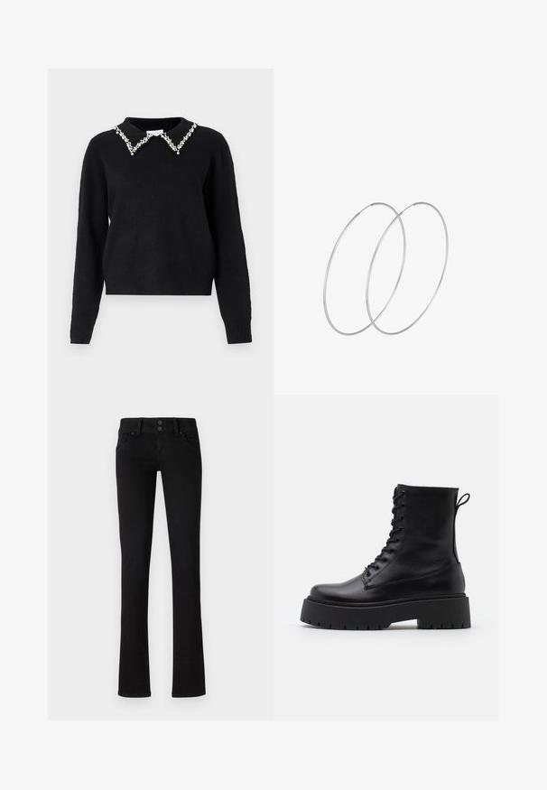 VILA VIPEARL O NECK - Neule - black; Mustat slim-fit -farkut, joissa on kaksi etutaskua, vyölenkit ja kaksoispainike, esiteltyinä yksinkertaisella valkoisella taustalla.; Musta nahkainen nilkkureita, joissa on pyöreä kärki, nauhakiinnitys edessä ja paksu kumipohja, jossa on teksturoitu pinta. Takana vetotappi.; Hopehope hopeilla, joissa on minimalistinen muotoilu. Pyöreä muoto, sileä pinta ja ohut profiili. Kevyet ja kiillotetut.