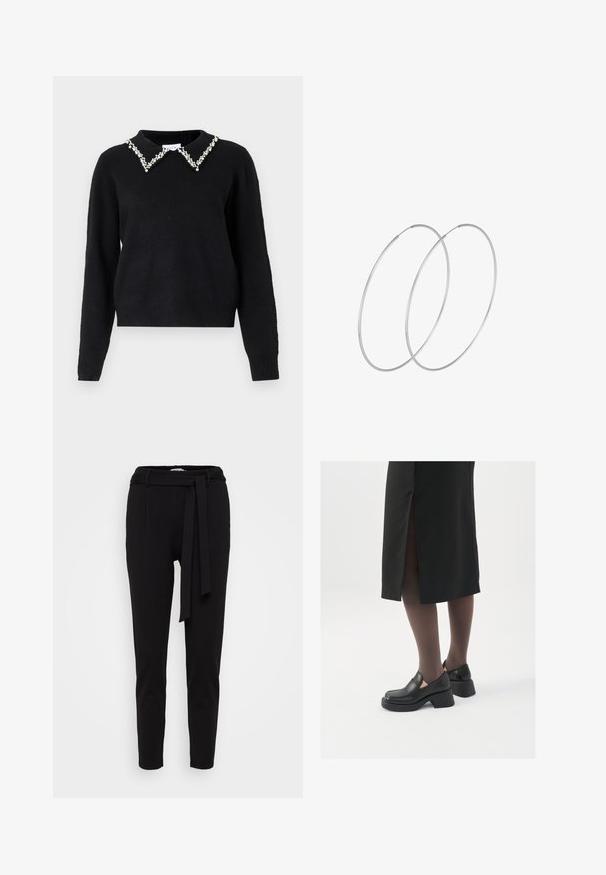 VILA VIPEARL O NECK - Džemperis - black; Melni tapered bikses, kas izgatavotas no mīksta auduma, ar jostas vietu un auduma jostu, kā arī divām priekšējām kabatām. Gluda tekstūra un minimālistisks dizains.; Melni ādas apavi ar noapaļotu purngalu, biezām bloku papēžiem un elastīgiem sānu akcentiem, apvienoti ar tumšām zeķubiksēm un melnu svārku ar šķirbu.; Sudraba gredzenveida auskari ar minimālistisku dizainu. Cirkulāra forma, gluda tekstūra un plāns profils. Vieglu svaru ar spīdīgu apdari.
