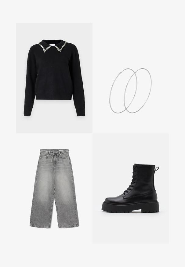 VILA VIPEARL O NECK - Vesta - black; Široke traperice od sive denima s izbledelim finišem, struk s pertlanjem i tradicionalni dizajn s pet džepova, s vidljivim detaljima šivanja.; Crne kožne gležnjače s okruglim vrhom, vezanjem sprijeda i debelim gumenim potplatom s teksturiranim uzorkom. Tipa: traka za vuču na stražnjoj strani.; Srebrne okrugle naušnice s minimalističkim dizajnom. Kružni oblik, glatka tekstura i tanak profil. Lagane s poliranim završetkom.