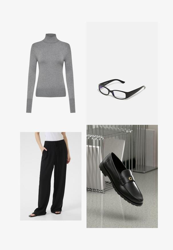 ONLY ONLVENICE ROLLNECK - Jumper - light grey melange; Black, loose-fitting pants made of soft fabric with an elastic waistband, adjustable drawstring, and side pockets. Flared leg design.; Black leather loafers with a raised seam, gold accent logo, and textured strap. Features a thick, durable rubber sole.; Black rectangular glasses with clear lenses. Glossy finish, narrow arms, and purple tint visible at the edges of the lenses.; Longchamp LE PLIAGE ORIGINAL - Handbag - schwarz