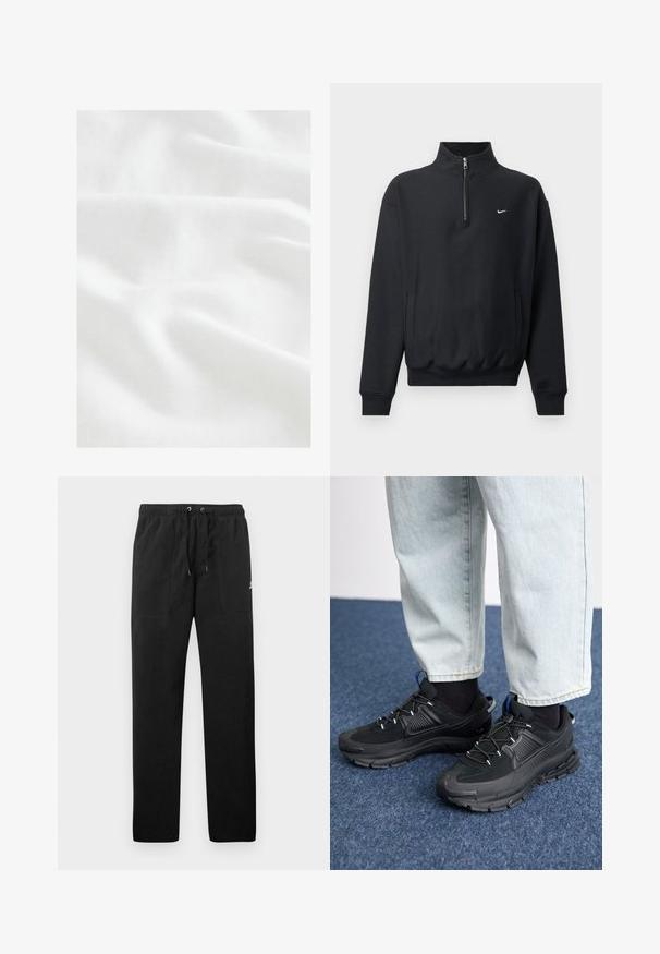 Sort sweatshirt med høj lynlås krave, lange ærmer, sidelommer og elastisk talje. Har et lille hvidt Nike-logo på brystet.; Next CUBAN COLLAR FIT - Skjorter - white; Sorte sweatpants lavet af fleece, med en elastisk talje med snore, to frontlommer og et lille logo på låret.; Sorte træningssko med tekstureret stof og gummisåler, udstyret med elastiske snørebånd og en blå detalje på hælen. Bæres med lyse denimbukser.