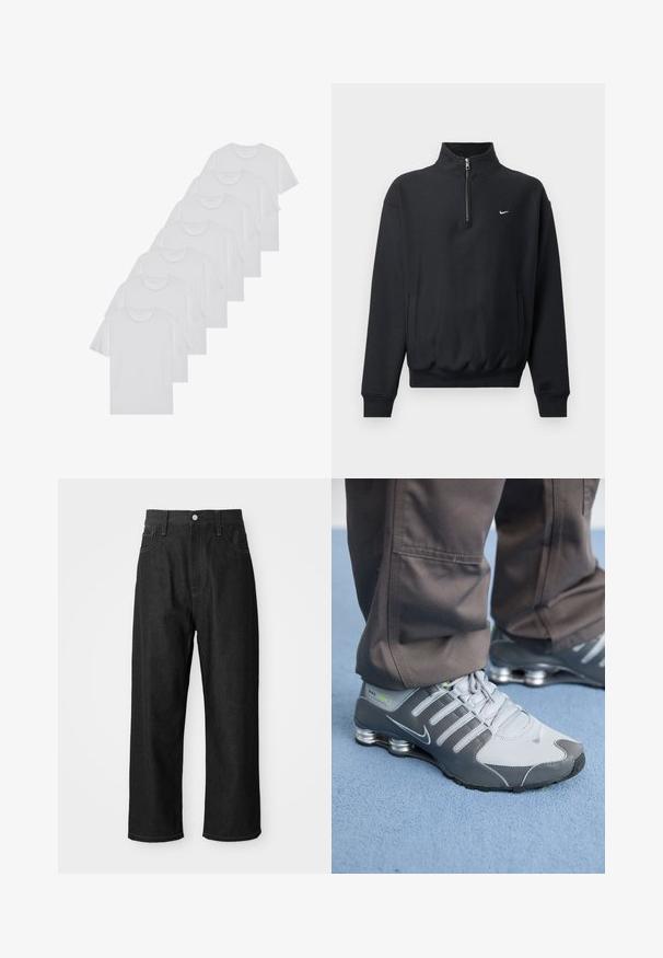 Mustapaita, jossa on korkea vetoketjukaulus, pitkät hihat, sivutaskut ja joustava vyötärö. Rinnassa pieni valkoinen Nike-logo.; Valkoiset puuvillapaidat, lyhyet hihat, pyöreä kaula-aukko, yksinkertainen pinta, pinottuina riviin, jossa on hienoinen brändäys kaula-aukossa.; Mustat denim-housut, joissa on rento leikkaus, korkea vyötärö, vetoketjusuljenta ja viiden taskun malli. Näkyvät ompeleet korostavat yksityiskohtia.; Harmaat ja hopeiset Nike Shox -tennarit ovat tyylikkään muotoilun omaavia, joissa on verkko- ja synteettisiä materiaaleja, pyöreä kärki ja pehmustettu nilkkareunus.