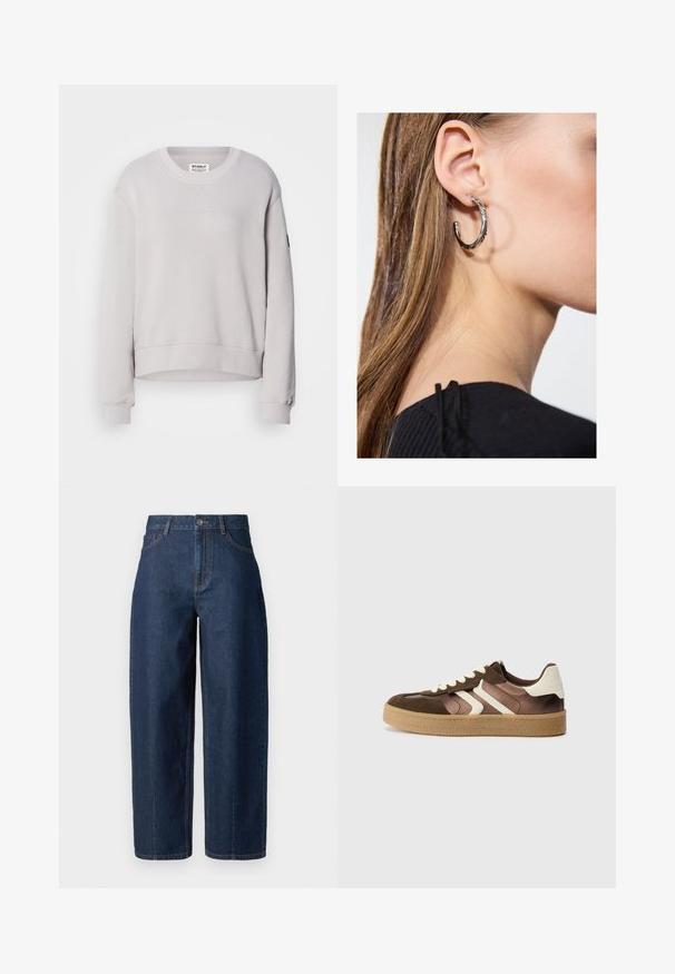 Lys grå sweatshirt med rund hals, lange ærmer, ribbede manchetter og en let cropped kant. Har diskret syning foran.; Mørkeblå højtaljede straight-leg denim jeans med knaplukning, bæltestropper og for- og baglommer på en hvid baggrund.; Brune og creme sneakers med en kombination af ruskind og satin materialer, der har tre diagonale striber og en struktureret gummisål.; Sølv hoop ørestik med en poleret overflade, prydet med små guld accenter og en rund form, båret på øreflippen.