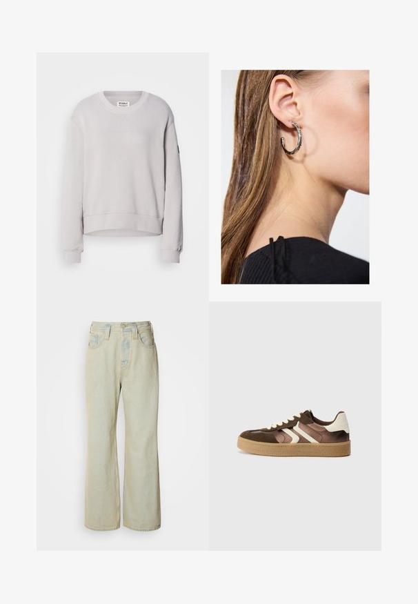 Lichtgrijze sweatshirt met een ronde hals, lange mouwen, ribgebreide manchetten en een iets verkorte zoom. Kenmerkt subtiele stiksels aan de voorkant.; Lichtblauwe wijde jeans van denim, met een hoge taille, vijf zakken en subtiele vervaging met contrasterende stiksels.; Bruine en crèmekleurige sneakers van een combinatie van suede en satijn, met drie diagonale strepen en een gestructureerde gumrubberen zool.; Zilveren oorbel met een gepolijste afwerking, met kleine gouden accentdetails en een ronde vorm, gedragen op de oorlel.
