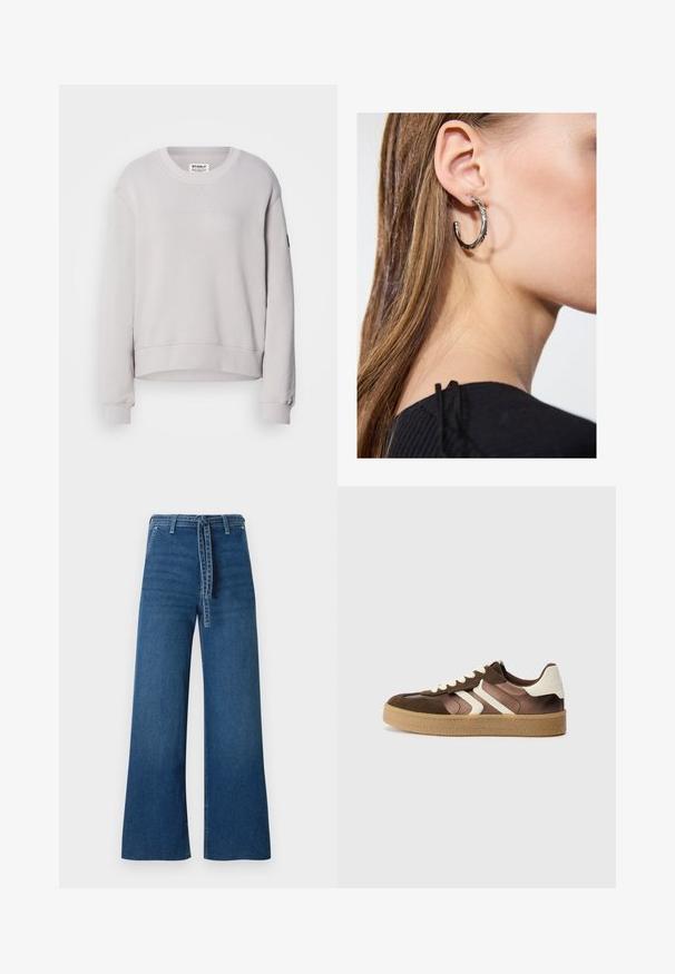 Svetlo siva jopica z okroglim ovratnikom, dolgimi rokavi, rebrastimi manšetami in nekoliko skrajšanim robom. Ima subtilne šive spredaj.; TOM TAILOR DENIM TTMIJA CULOTTE - Kavbojke na trapez - used mid stone blue denim; Rjave in kremne športne copate iz kombinacije semiša in satena, s tremi diagonalnimi črtami in teksturirano gumijasto podplatom.; Srebrna obročasta uhana s polirano površino, ki vključuje majhne zlate poudarke in okroglo obliko, nošena na ušesnem lobu.