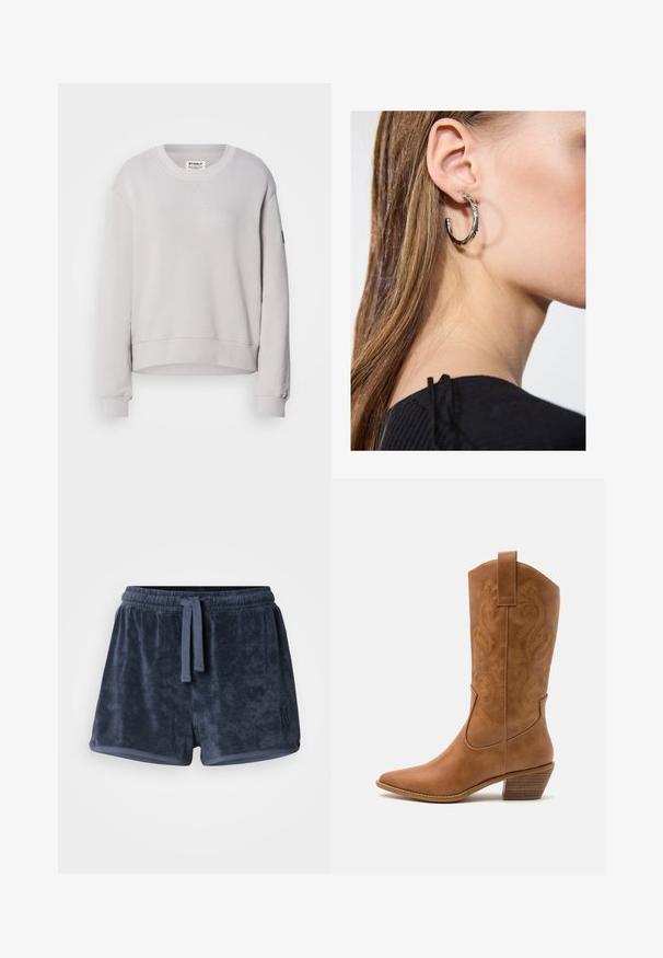 Light gray sweatshirt with a round neck, long sleeves, ribbed cuffs, and a slightly cropped hem. Features subtle front stitching.; Navy blue terry cloth shorts with an elastic waistband, adjustable drawstring, and small embroidered logo on the side. Soft texture.; Tan leather cowboy boot with pointed toe, embroidered swirl patterns on shaft, and a stacked block heel. Features a pull tab for easy wear.; Silver hoop earring with a polished finish, featuring small gold accent details and a round shape, worn on the lobe.