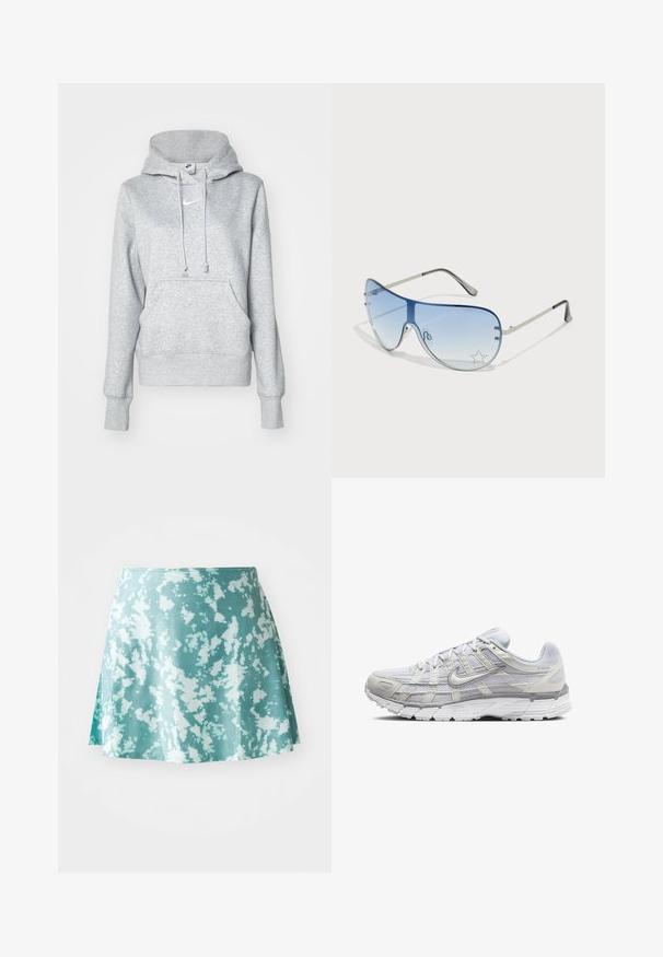Harmaa puuvillapaita, jossa on etutasku, narus首ä, ribboidu捉et, ja pieni valkoinen Nike-logo rinnassa.; Vihreä mintunvärinen skater-hame, jossa on valkoinen roiske-kuvio, valmistettu kevyestä kankaasta. Hameessa on hieman levenevä muoto ja sivuaukko.; Vaaleanharmaat urheilukengät, joissa on verkkomateriaali ja synteettinen päällinen. Varusteena on narutettavuus, pehmustettu nilkkaosa ja uritettu pohja pidon parantamiseksi.; Aviator-mallin aurinkolasit, jotka ovat varustettu gradienttisilla sinisillä linsseillä, hopeisella metallikehyksellä ja koristeellisilla tähtikoristeilla linsseissä. Joustava ja viehättävä muotoilu.; Hopehope hopehope hopehope hopehope hopehope, joka on sileä ja kiillotettu pinta ja ohut, pyöreä muoto. Muotoilu sisältää turvallisen lukituksen.