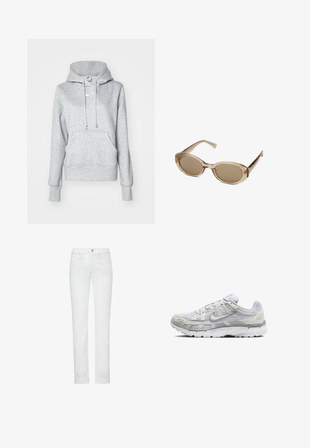 Gray cotton hoodie featuring a front pocket, drawstring hood, ribbed cuffs, and a small white Nike logo on the chest.; White tapered jeans with a smooth texture, five-pocket design, and metal button closure at the waistband. Slightly stretchy fabric.; Light gray athletic shoes with a mesh and synthetic upper, featuring a lace closure, padded collar, and textured sole for grip.; Sunglasses with a transparent beige frame, oval lenses, and slender temples. Features light brown tinted lenses and minimal branding.; Beige nylon shoulder bag with a soft texture, gathered sides, and adjustable strap. Features a zipper closure and subtle logo detailing.