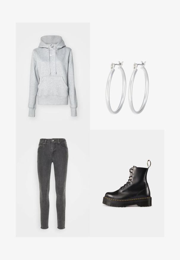 Hallhallane puuvillane kapuutsiga sviiter, millel on eesmine tasku, reguleeritav kapuuts, soonikkoes varrukad ja väike valge Nike logo rinnal.; Tumedast hallist denimist kitsad teksad, klassikalise viie taskuga disainiga, vöölõngad ja nööbiga kinnitamine. Sile tekstuur, kerge fade efekt.; Mustad musta nahast kingad, millel on paks must solk ja kollane õmblus. Tagaküljel on tõmblõng ja ümmargused metallisest silmad.; Hõbedased rõngaskõrvarõngad, millel on sile, läikiv viimistlus. Ümmargune kuju ja turvaline klõpsulatus. Kerge disain, sobib igapäevaseks kandmiseks.