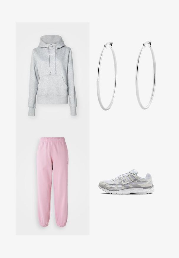 Grå bomullshuvtröja med en framficka, dragsko i huvan, ribbade ärmslut och en liten vit Nike-logotyp på bröstet.; Rosa sweatpants med elastisk midja och smalnade ärmslut. Tillverkad av mjukt tyg, har en liten logotypdetalj på framsidan.; Ljust grå sportskor med ovandel i mesh och syntetmaterial, med snörning, vadderad krage och texturerad sula för grepp.; Silverörhängen med en slät, polerad yta och en tunn, cirkulär form. Designen har en säker låsning.