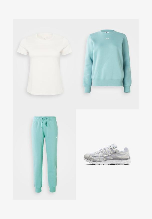 Lyseblå hettegenser med ribbestrikkede mansjetter og kant, rund hals, og en liten hvit logo på brystet. Laget av mykt stoff.; Hvit bomull t-skjorte med korte ermer, rund hals og lett stretch. Har en subtil logo på forsiden, glatt tekstur og standard passform.; Mintgrønne sweatpants med elastisk talje, snøre og ribbede manchetter. Har et lille hvidt Nike-logo på venstre lår.; Lys grå sportsko med overdel i mesh og syntetisk materiale, med snøring, polstret krave og strukturert såle for grep.