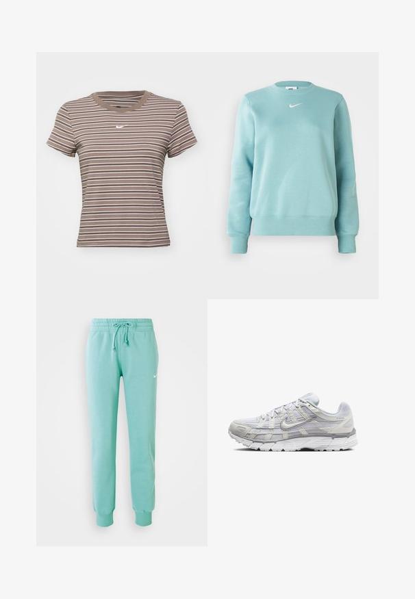 Lyseblå hettegenser med ribbestrikkede mansjetter og kant, rund hals, og en liten hvit logo på brystet. Laget av mykt stoff.; Brun og hvit stripete t-skjorte med kort erme og rund halslinning, samt en liten hvit logo på brystet. Laget av myk bomullsmateriale.; Mintgrønne sweatpants med elastisk talje, snøre og ribbede manchetter. Har et lille hvidt Nike-logo på venstre lår.; Lys grå sportsko med overdel i mesh og syntetisk materiale, med snøring, polstret krave og strukturert såle for grep.