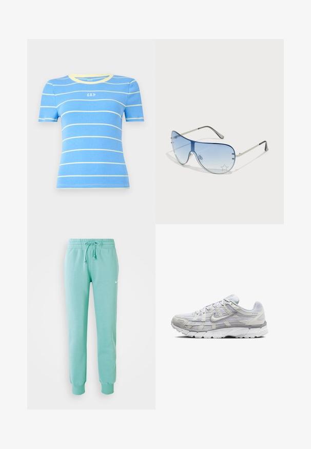 Šviesiai mėlynas džemperis su raukšlėtomis rankovėmis ir apačia, apvaliu kaklu ir mažu baltu logotipu ant krūtinės. Pagamintas iš minkštos medžiagos.; Mėlyna trumpomis rankovėmis palaidinė su horizontaliomis geltonomis juostelėmis, raukšlėta tekstūra ir apvaliu iškirpimu. Priekyje yra mažas "GAP" logotipas.; Mėtyni žalios spalvos sportinės kelnės su elastinga juosta, raišteliu ir raukinėtais rankogaliais. Kairiajame šlaunyje yra mažas baltas Nike logotipas.; Šviesiai pilki sportiniai batai su tinkline ir sintetine viršutine dalimi, turintys raištelių užsegimą, paminkštintą apykaklę ir tekstūruotą padą geresnei sukibimo kokybei.; Aviatoriai akiniai su gradientiniais mėlynais objektyvais, sidabriniu metaliniu rėmu ir dekoratyvinėmis žvaigždžių akcentais ant objektyvų. Lygaus ir stilingo dizaino.