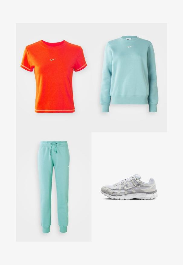 Γαλάζια μπλούζα με στρογγυλή λαιμόκοψη και ριχτές μανσέτες, με ένα μικρό λευκό λογότυπο στο στήθος. Φτιαγμένη από μαλακό ύφασμα.; Κόκκινο κοντό μπλουζάκι φτιαγμένο από βαμβάκι, με ραμμένο λαιμόκοψη και κοντά μανίκια. Φέρει ένα μικρό λευκό λογότυπο Nike στο μπροστινό μέρος.; Μιντ πράσινες φόρμες με ελαστική μέση, κορδόνι και ριμπ μανσέτες. Διαθέτουν ένα μικρό λευκό λογότυπο Nike στον αριστερό μηρό.; Ανοιχτό γκρι αθλητικά παπούτσια με επάνω μέρος από πλέγμα και συνθετικό υλικό, διαθέτοντας κλείσιμο με κορδόνια, επενδεδυμένο προφιλέο και υφασμάτινη σόλα για καλύτερη πρόσφυση.