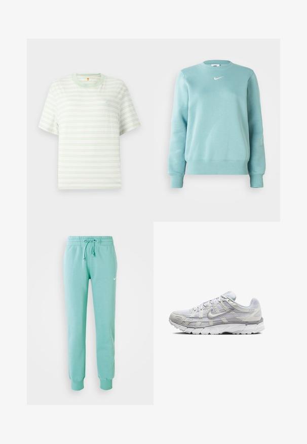 Sudadera de color azul claro con puños y dobladillo acanalados, cuello redondo y un pequeño logotipo blanco en el pecho. Fabricada con una tela suave.; Camiseta de manga corta con cuello redondo en blanco con rayas horizontales en verde claro, que presenta un pequeño logo en la esquina superior izquierda. Tejido suave.; Pantalones de chándal verde menta con cintura elástica, cordón y puños acanalados. Cuenta con un pequeño logo blanco de Nike en el muslo izquierdo.; Zapatillas deportivas de color gris claro con una parte superior de malla y sintético, que cuentan con un cierre de cordones, collar acolchado y suela texturizada para mayor agarre.