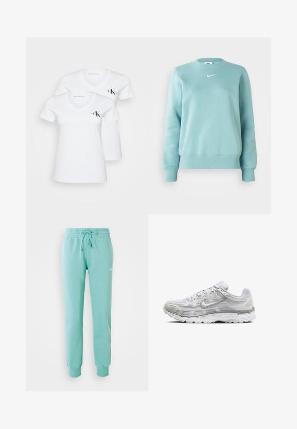 Vaaleansininen huppari, jossa on ribbaatut hihansuut ja helma, pyöreä kaula-aukko ja pieni valkoinen logo rinnassa. Valmistettu pehmeästä kankaasta.; Valkoiset lyhythihaiset V-pääntien t-paidat, joissa on istuva muotoilu. Vasemmassa rinnassa musta Calvin Klein Jeans -logo. Pehmeää puuvillamateriaalia.; Vihreä mintunvärinen verkkarit, joissa on joustava vyötärö, naru ja ribat. Vasemmassa reidessä pieni valkoinen Nike-logo.; Vaaleanharmaat urheilukengät, joissa on verkkomateriaali ja synteettinen päällinen. Varusteena on narutettavuus, pehmustettu nilkkaosa ja uritettu pohja pidon parantamiseksi.