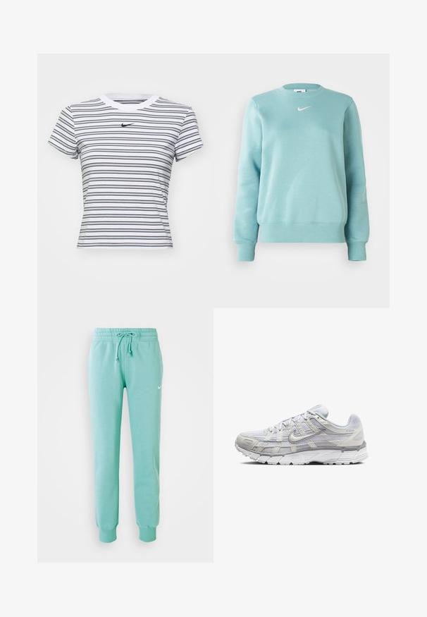 Lyseblå hettegenser med ribbestrikkede mansjetter og kant, rund hals, og en liten hvit logo på brystet. Laget av mykt stoff.; Hvit og marineblå stripet kortermet t-skjorte med rund hals og en liten svart Nike-logo på brystet. Laget av bomull.; Mintgrønne sweatpants med elastisk talje, snøre og ribbede manchetter. Har et lille hvidt Nike-logo på venstre lår.; Lys grå sportsko med overdel i mesh og syntetisk materiale, med snøring, polstret krave og strukturert såle for grep.