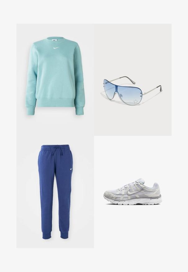 Sweatshirt azul claro com punhos e barra canelados, gola redonda e um pequeno logo branco no peito. Feito de um tecido macio.; Calças de sweat da Nike em azul, com cintura elástica, cordão, tornozelos ajustados e logo da Nike em branco na coxa esquerda.; Sapatos atléticos cinza claro com parte superior em malha e sintético, apresentando um fecho de cordões, colarinho acolchoado e sola texturizada para aderência.; Óculos de sol aviador com lentes azuis em degradê, armação metálica prateada e detalhes decorativos de estrelas nas lentes. Design suave e elegante.