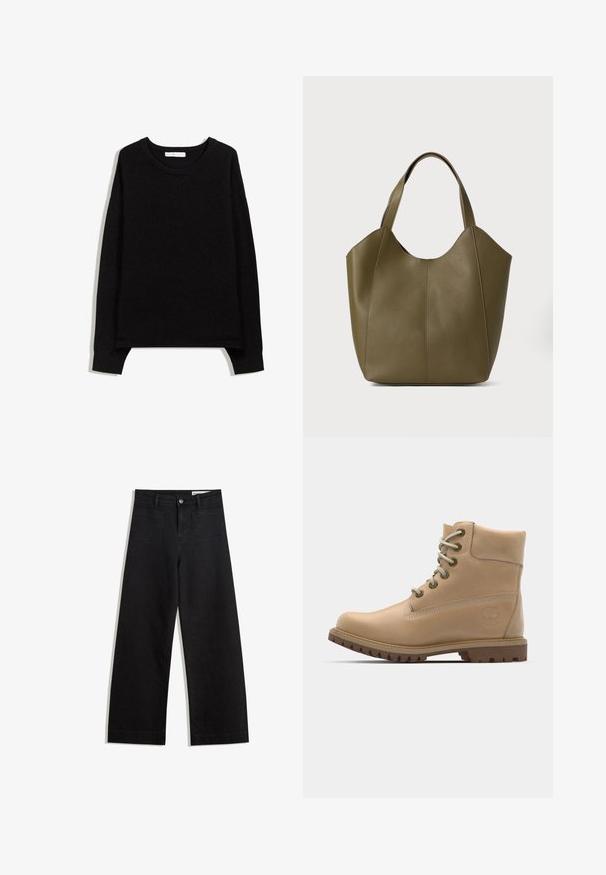 Black knit sweater with a round neckline, long sleeves, and ribbed cuffs. Features a subtle V-stitch design at the neck. Soft texture.; Black wide-leg denim pants with a high waist, featuring front and back pockets, stitched seams, and a button closure. Smooth texture.; Beige leather ankle boot with a rounded toe, beige laces, and rugged sole. Features side stitching and a circular logo on the heel.; Olive green leather tote bag with dual straps, smooth texture, and four panel design. Reinforced stitching along seams for durability.