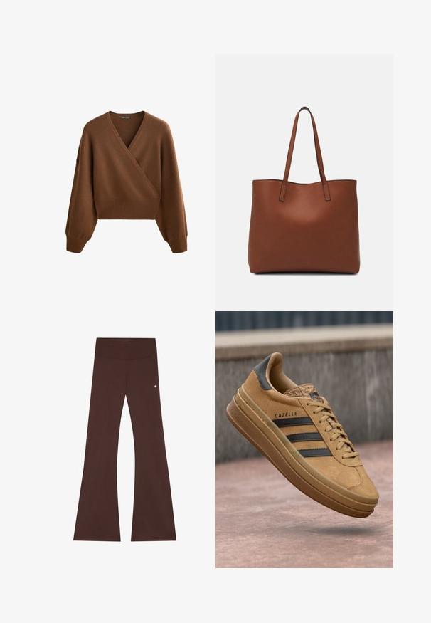 Ruskea ribattu lyhyt neulepaita, jossa on kääntömuotoilu, leveät hihat ja teksturoitu pinta. Ominaisuuksiin kuuluu pyöreä kaula-aukko ja ribattu helma.; Ruske flared-bukser lavet af blød stof, med en bred talje, glat tekstur og en lille logoaccent på siden.; Vaaleat mokkanahkakengät, joissa on sileä pinta, kolmea tumman raitaa, pyöristetty kärki ja paksumpi pohja, jossa on kuvioitu reuna.; Ruskea nahkainen olkalaukku, jossa on sileä pinta, avoin yläosa ja kaksi olkahihnaa. Omaavat vain minimaalisen ompelun eikä näkyvää metalliosaa.