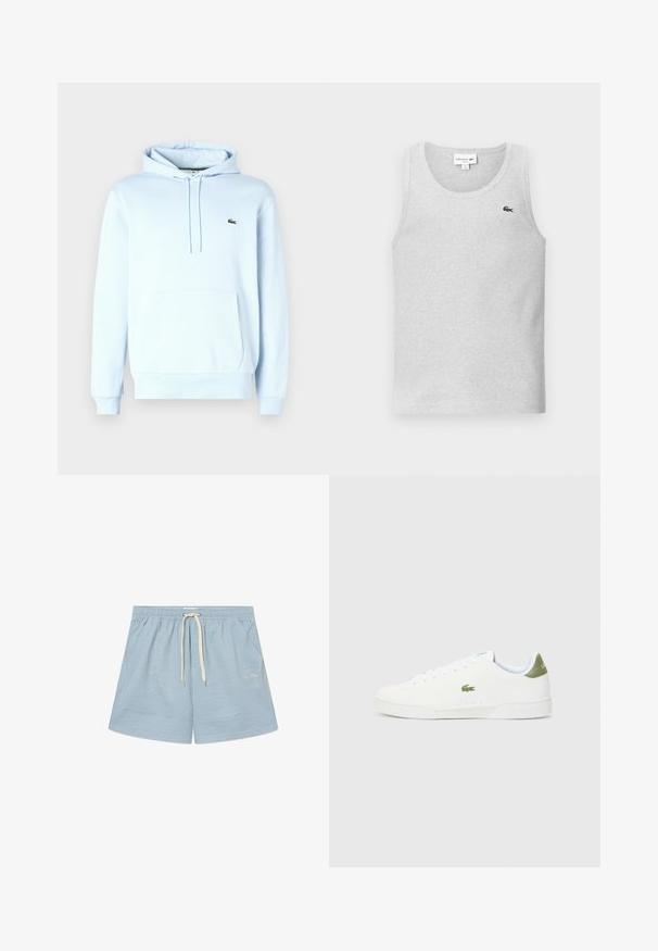 Light blue hoodie made of soft fabric, featuring a kangaroo pocket, drawstrings, and a small green logo on the left chest area.; Gray cotton tank top with a round neckline. Features a small black Lacoste logo embroidered on the left chest. Classic design, sleeveless.; Striped blue swim shorts with an elastic waistband and white drawstring. Features light fabric and a subtle logo on the lower left.; White sneakers with a smooth texture, featuring a green accent at the heel and a small embroidered crocodile logo on the side.
