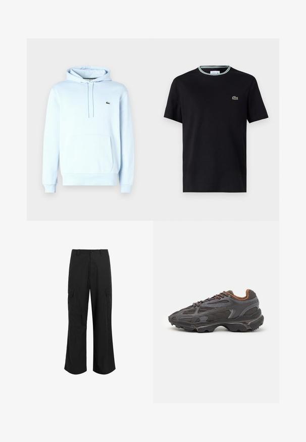 Világos kék kapucnis pulóver, puha anyagból készült, kenguruzsebbel, húzózsinórral és egy kis zöld logóval a bal mellkas területén.; Fekete pamut póló, kerek nyakkivágással, fehér és zöld csíkos díszítéssel, és zöld hímzett krokodil logóval a bal mellen.; Fekete cargo nadrág, könnyű anyagból készült, laza szabással, két nagy oldalsó zsebbel és gombos záródással.; Sötét szürke Lacoste sportcipők hálós és szintetikus anyagból, textúrázott talppal és barna díszítésekkel a nyak részen és a logón.