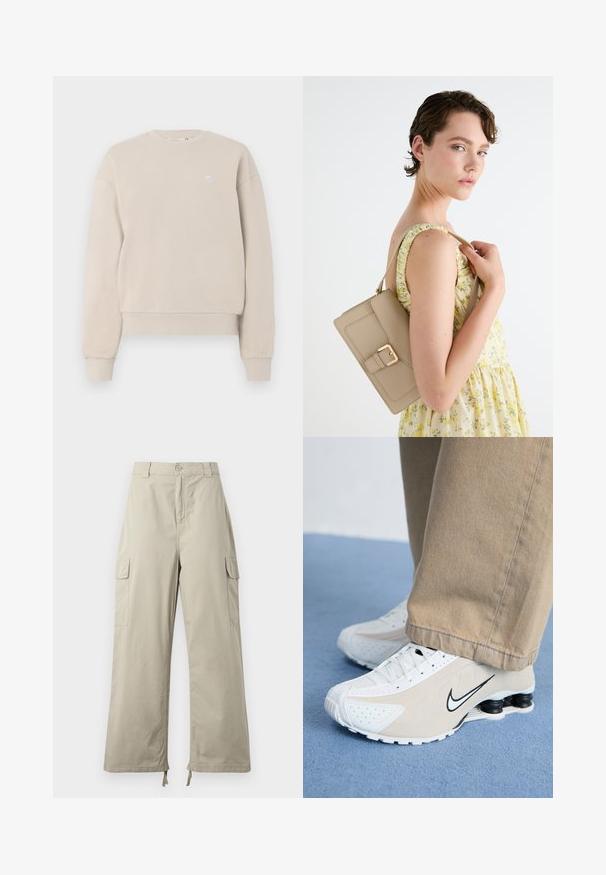 Šviesiai rudos spalvos megztinis su apvaliu kaklu, pagamintas iš medvilnės mišinio, su šiurkščiu iškirpimu ir rankogaliais, priekyje esant maža logo.; Šviesiai smėliniai kargo džinsai su laisvu siluetu, turi mygtuko užsegimą, šonines kišenes ir reguliuojamus hemus su raišteliais. Lygus audinio tekstūra.; Balti ir šviesiai rudi Nike sportbačiai su perforuotu dizainu, juodu swoosh logotipu, tekstūruotu paviršiumi ir išskirtiniu pavasariniu juodu kulnu.; Bežinė odinė rankinė su struktūrizuotu dizainu, auksine sagtimi ir reguliuojama dirželiu, pateikta šviesiame fone.