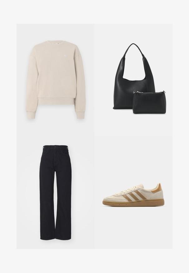 Beige crewneck sweatshirt tillverkad av en bomullsblandning, med ribbad halsringning och ärmslut, samt en liten logotyp på bröstet.; Svarta högmidjade vida jeans med framknapp och dragkedja, bältesöglor och två framfickor på en vit bakgrund.; Beige mockakesskor med ljusbruna detaljer. Har tre bruna ränder, strukturerad gummisula och en rundad tådesign.; Even&Odd Handväska - black