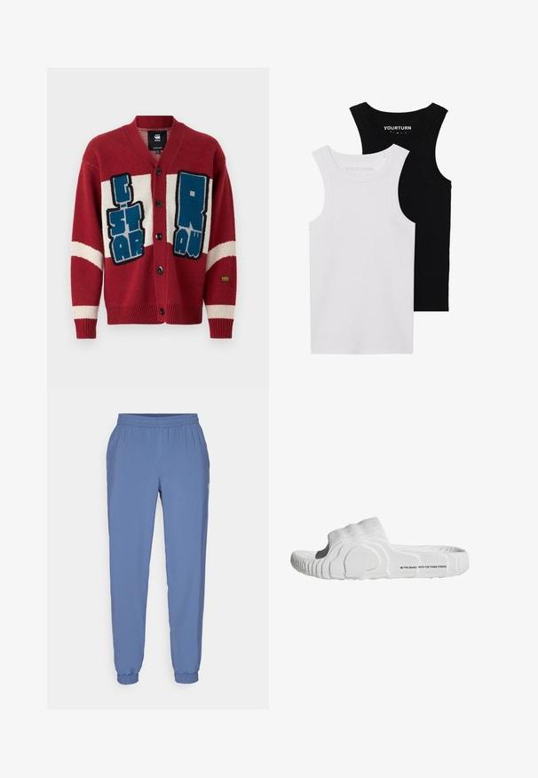Röd stickad cardigan med v-ringning, med överdimensionerad blå och vit grafisk text. Fem svarta knappar och randiga detaljer på ärmarna.; Två figurnära linnen i svart och vitt. Tillverkade av ribbat bomull, de har breda axelband och rundad halsringning. Logotypen finns på kragen.; Blå, lätta joggare med elastisk midja och resår i benslut. Har en mjuk textur och en liten logo på sidan.; Vitt slidesandal med ribbad tygöverdel, formad fotbädd och texturerad gummisula med varumärkeslogotyp på sidan.