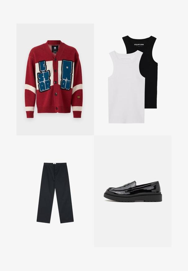 Röd stickad cardigan med v-ringning, med överdimensionerad blå och vit grafisk text. Fem svarta knappar och randiga detaljer på ärmarna.; Två figurnära linnen i svart och vitt. Tillverkade av ribbat bomull, de har breda axelband och rundad halsringning. Logotypen finns på kragen.; Svarta bomullshbyxor med rak bendesign, med knappstängning och en enkel midja. Inga mönster eller ytterligare detaljer.; Svarta patenterade läderskor med rund tå, en dekorativ rem och en tjock svart gummisula. Slät glänsande yta med minimal sömnad.