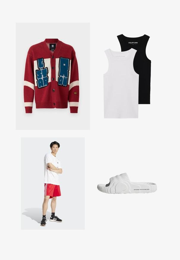 Piros kötött kardigán V-nyakkal, oversized kék és fehér grafikai felirattal. Öt fekete gomb és csíkozott részletek az ujjakon.; Két testhez simuló trikó fekete és fehér színben. Bordázott pamutból készült, széles pántokkal és kerek kivágással rendelkezik. A galléron logó található.; Fehér pamut póló, piros sportnadrág három fehér csíkkal, fekete tornacipő fehér részletekkel, karba tett kézzel áll.; Fehér csúszós szandál bordás szövet felsőrésszel, kontúrozott talprésszel és texturált gumitalppal, az oldalon a márka logójával.