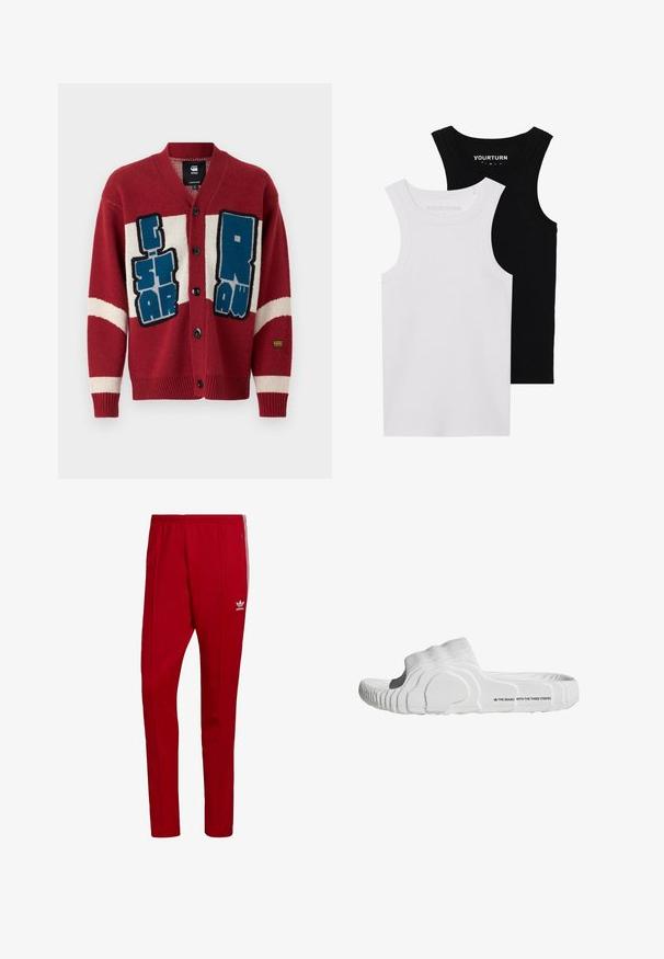 Rød strikket cardigan med V-hals, med overdimensjonert blå og hvit grafisk tekst. Fem svarte knapper og stripete detaljer på ermene.; To passformerede tanktopper i sort og hvid. Lavet af ribbet bomuld, de har brede stropper og afrundede halsudskæringer. Branding på kraven.; Røde treningbukser med elastisk midje, sidelommer med glidelås og tre hvite striper nedover sidene. Har en liten logo på låret.; Hvite sklippersandaler med ribbet stoffoverdel, formet fotbu og teksturert gummisåle med merkevarelogo på siden.