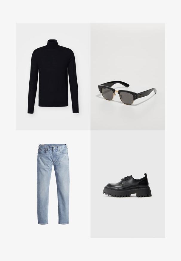 Svart polotröja, långa ärmar, åtsittande design, stickad textur, mjukt material, inga synliga mönster eller accenter.; Ljusblå denimjeans med rak bendesign, fem fickor och metallknappslutning. Tyget har lätt blekning och en mjuk textur.; Svarta läder snörskor med en tjock, räfflad gummisula. Har en rundad tå och subtila sömnadsdetaljer. Tjock klack för stabilitet.; Svarta solglasögon med en djärv fyrkantig design, guldaccent och mörka linser. Bågen har en blank yta och subtila detaljer i hårdvara.; Silverkedja med två hängsmycken: en rektangulär tagg och en liten stav, graverad logotyp och en svart accent på staven.