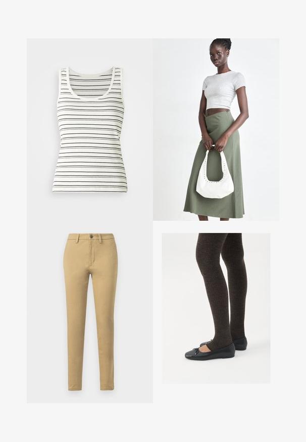 Pull en tricot bleu marine et gris clair avec motif en vagues, design floral en rose et noir, col rond, poignets et ourlet côtelés.; Débardeur rayé en blanc cassé avec de fines rayures horizontales noires. Présente un décolleté rond et une texture côtelée. Design sans manches classique.; Chinos kaki en tissu en mélange de coton, à coupe slim, avec passants de ceinture, poches avant et fermeture à un bouton.; Chaussures plates noires avec un petit nœud au niveau des orteils, associées à des collants côtelés marron foncé. Les chaussures ont une texture lisse et un profil bas.; Top court rayé gris et jupe taille haute verte olive. Le mannequin tient un sac à bandoulière blanc avec des découpes. Design simple, silhouette ajustée.