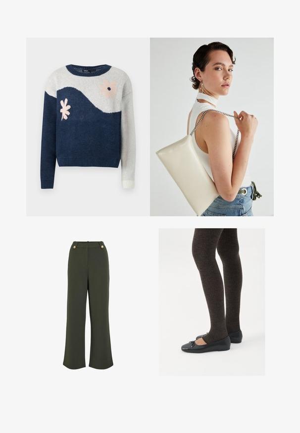 Navy and light gray knitted sweater with wave pattern, floral design in pink and black, round neck, ribbed cuffs and hem.; Olive green wide-leg trousers with a smooth texture, featuring two gold-tone buttons at the waistband and a clean, tailored silhouette.; Black flat shoes with a small bow detail at the toe, paired with dark brown ribbed tights. Shoes have a smooth texture and low profile.; White rectangular clutch bag made of glossy material, featuring a silver chain strap. Model poses, showcasing the bag against a plain background.