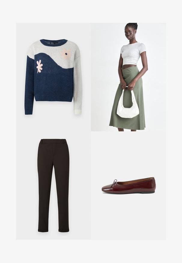 Marineblauwe en lichtgrijze gebreide trui met golvenpatroon, bloemenontwerp in roze en zwart, ronde hals, geribbelde manchetten en zoom.; Zwarte slim-fit broeken met riemlussen en boorden tegen een witte achtergrond.; Bordeaux gepatenteerd lederen ballerina met een ronde neus, een klein strikaccent aan de voorkant en een lage, zwarte rubberen zool. Glad textuur.; Grijs geribbelde crop top en olijfgroene hoge taille rok. Model houdt een witte schoudertas met uitsparingen vast. Eenvoudig ontwerp, aansluitende silhouet.