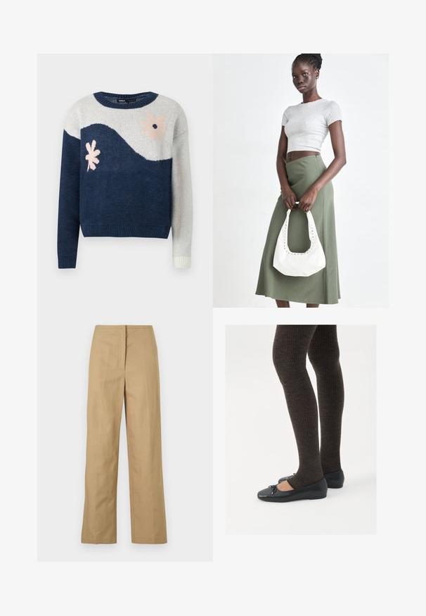 Navy and light gray knitted sweater with wave pattern, floral design in pink and black, round neck, ribbed cuffs and hem.; Beige, straight-leg trousers with a flat front, side pockets, and a smooth, lightweight fabric. No visible patterns or hardware details.; Black flat shoes with a small bow detail at the toe, paired with dark brown ribbed tights. Shoes have a smooth texture and low profile.; Gray ribbed crop top and olive green high-waisted skirt. Model holds a white shoulder bag with cut-out detailing. Simple design, fitted silhouette.