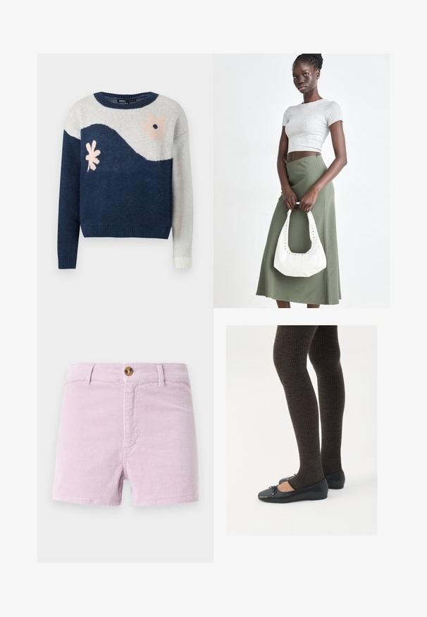 Marineblauer und hellgrauer gestrickter Pullover mit Wellenmuster, floralem Design in Pink und Schwarz, Rundhalsausschnitt, gerippte Bündchen und Saum.; Helle lavendelfarbene Cordshorts mit einem Knopfverschluss, ausgestattet mit einem strukturierten, gerippten Design und vorderen Taschen, die über dem Oberschenkel geschnitten sind.; Schwarze flache Schuhe mit einem kleinen Schleifendetail an der Zehe, kombiniert mit dunkelbraunen gerippten Strumpfhosen. Die Schuhe haben eine glatte Textur und ein niedriges Profil.; Grauer gerippter Croptop und olivgrüner Rock mit hoher Taille. Das Modell hält eine weiße Schultertasche mit Ausschnittdetails. Schlichte Gestaltung, taillierte Silhouette.