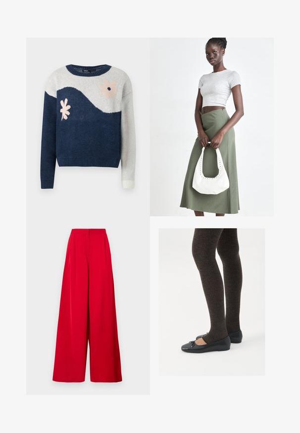 Pull en tricot bleu marine et gris clair avec motif en vagues, design floral en rose et noir, col rond, poignets et ourlet côtelés.; Pantalons larges de couleur rouge vif, fabriqués en tissu lisse. Dotés d'une taille haute, de plis marqués et d'un design fluide.; Chaussures plates noires avec un petit nœud au niveau des orteils, associées à des collants côtelés marron foncé. Les chaussures ont une texture lisse et un profil bas.; Top court rayé gris et jupe taille haute verte olive. Le mannequin tient un sac à bandoulière blanc avec des découpes. Design simple, silhouette ajustée.