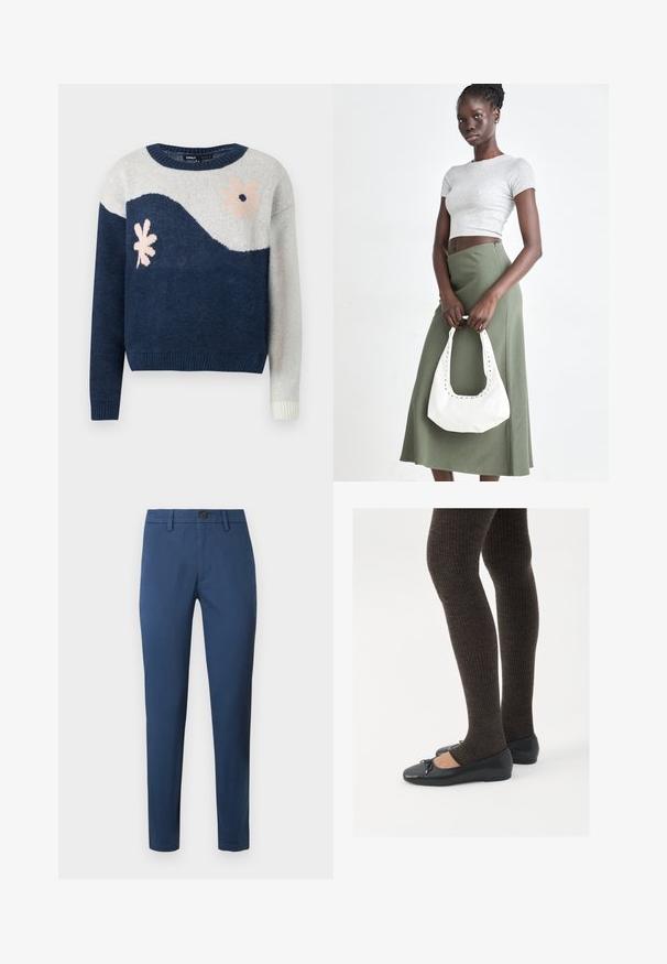 Marinblå och ljusgrå stickad tröja med vågmönster, blommönster i rosa och svart, rund halsringning, ribbade manschetter och fåll.; Blå bomullschinos i slim fit med knappstängning, bältessjuls och standardfickor, slät textur och rena linjer.; Svarta platta skor med en liten rosett vid tån, i kombination med mörkbruna ribbade strumpbyxor. Skorna har en slät yta och låg profil.; Grå ribbad crop top och olivgrön högmidjad kjol. Modellen håller en vit axelremsväska med utskärningar. Enkelt design, tight passform.