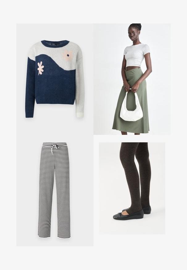 Tengerészeti és világosszürke kötött pulóver hullámmintával, rózsaszín és fekete virágos mintával, kerek nyakkal, bordázott mandzsettákkal és aljjal.; Fekete-fehér csíkos, bő szárú nadrág, húzózsinóros derékkal. Puha anyag, laza szabású. Függőleges csíkok az egész felületen.; Fekete lapos cipők kis masni díszítéssel az orrán, sötétbarna bordázott harisnyával párosítva. A cipők sima textúrával és alacsony profilúak.; Szürke bordázott cropped top és olajzöld, magas derékú szoknya. A modellen egy fehér válltáska van, amely kivágott részletekkel rendelkezik. Egyszerű dizájn, testhezálló sziluett.